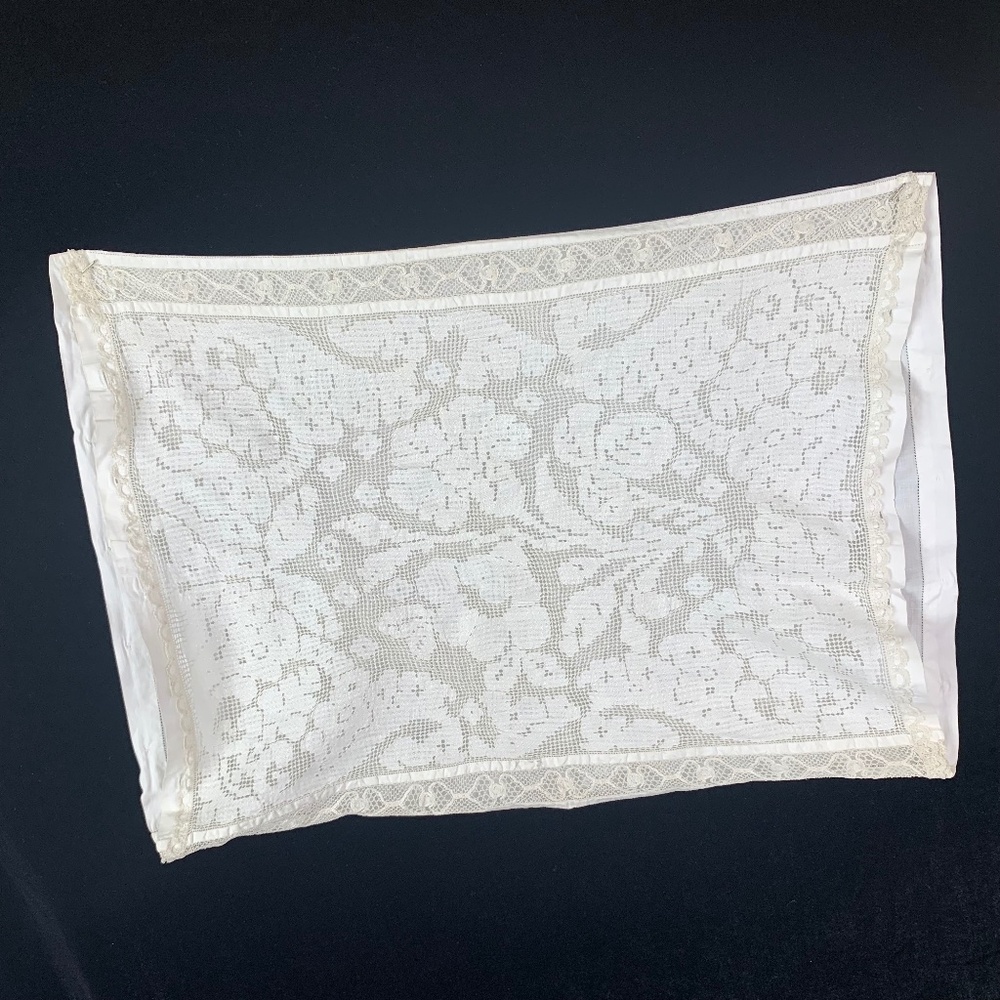 Antique Victorian White Linen Lace Boudoir Pillow Case Mother of Pearl Buttons